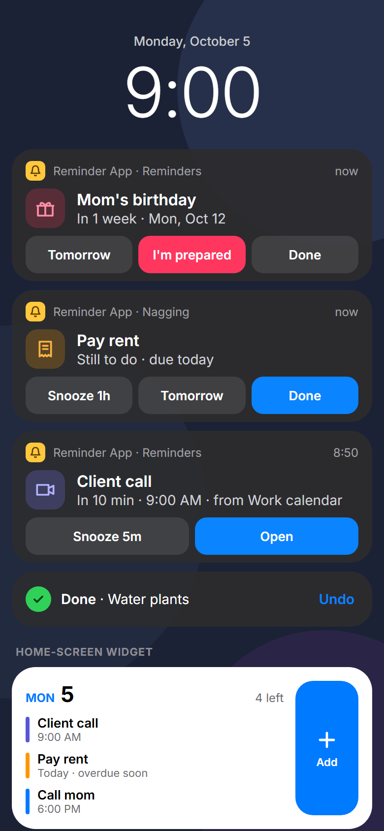 Notifications with action buttons and a home-screen widget